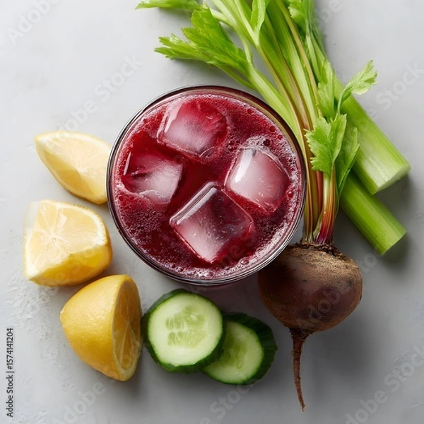 Fototapeta Beetroot Juice with Lemon, Cucumber, and Celery – Vibrant Farm-to-Table Still Life Celebrating Kitchen Mindfulness and Seasonal Nutrition