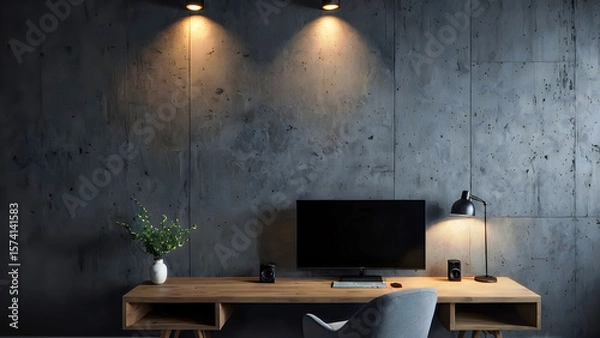 Fototapeta Modern office interior with simple black wall and minimal furnishings. Warm afternoon sunlight coming through windows. A 3D rendered design concept