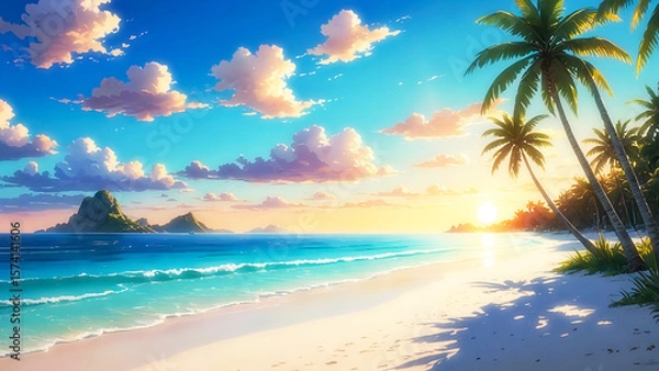 Fototapeta Anime beach sunset – Tranquil tropical shoreline with palm trees and glowing sky