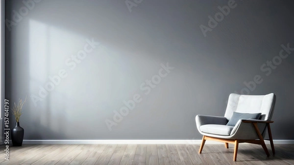 Fototapeta Simple room with minimal interior and gray wall. Warm afternoon sunlight coming through windows. A 3D rendered design concept.