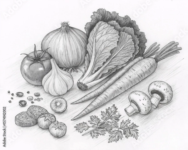 Fototapeta  is a black and white pencil drawing of various vegetables and ingredients, including a tomato, garlic, onion, carrot, mushrooms, and parsley, arranged on a surface.