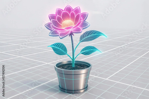 Fototapeta depicts a 3D-rendered flower in a pot, with neon lines and grid patterns in the background, giving it a futuristic and digital appearance.