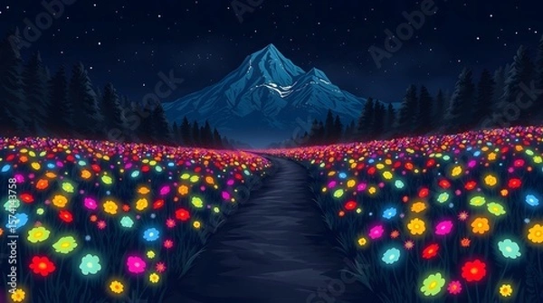 Fototapeta A pixel art scene of a field of colorful glowing flowers at the base of a big mountain. A narrow, dark dirt path winds through the middle of the field, creating a lonely walkway through the light. 