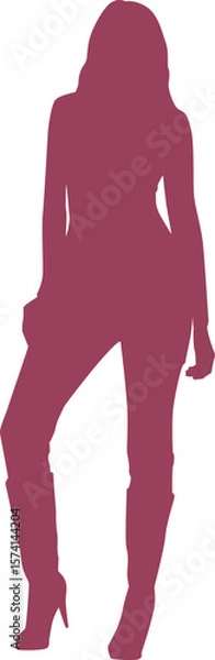 Fototapeta A modern silhouette of a confident woman mid-walk. Clean lines and a bold #9E3E59 palette make it ideal for lifestyle, branding, or editorial vector projects.