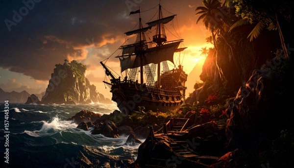 Obraz navire arrivant sur une l'île déserte le soir, à la recherche d'un trésor