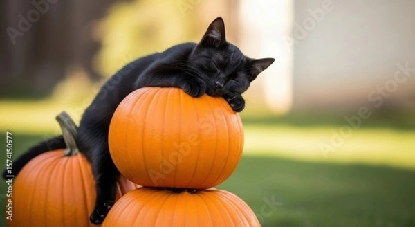 Obraz Black Cat Sleeping on Pumpkin Stack