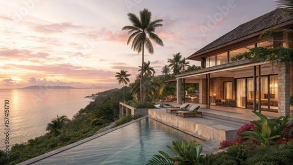 Obraz Luxury beachfront villa on exotic island with infinity pool, palm trees, and tropical plants. Pink-orange sunset sky, serene paradise for perfect holiday escape.