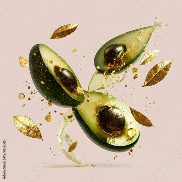 Fototapeta Sliced avocados in mid-air with gold leaf and liquid splash on a soft pink backdrop.