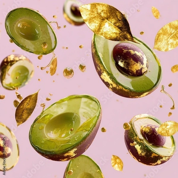 Fototapeta Luxurious arrangement of avocado halves with gold accents on a pink background.