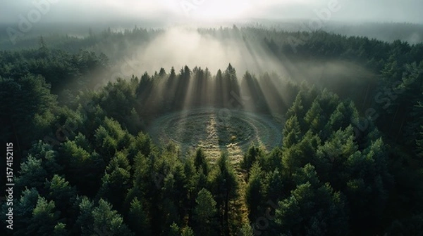 Fototapeta Sunlight streams through a misty forest, illuminating a clearing in a beautiful landscape.