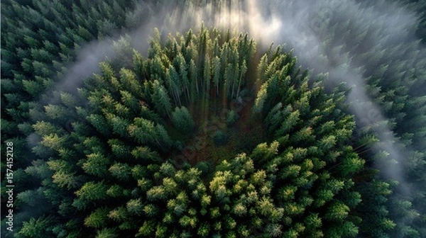 Fototapeta Stunning aerial view of a lush green forest with sun rays shining through the mist.