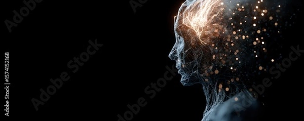 Fototapeta Intricate digital art piece depicting a human mind with neural connections and glowing lights on a black backdrop.