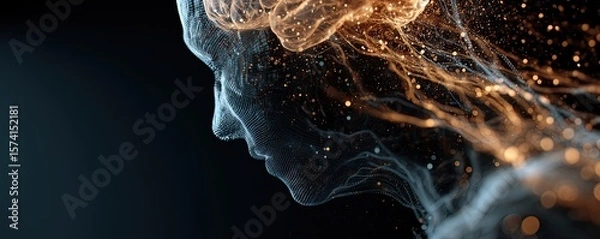 Fototapeta Digital artwork showcasing an ai-generated human face formed by interconnected particles, symbolizing intelligence.