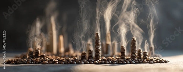 Fototapeta An artistic arrangement of coffee beans forming a city skyline with rising steam.