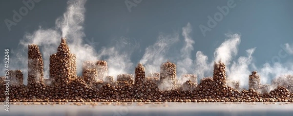 Fototapeta An imaginative cityscape is made of coffee beans, creating a unique and artistic scene.
