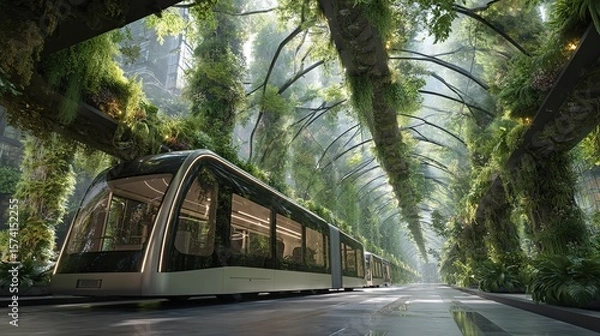 Fototapeta A modern train navigates a tunnel enveloped in vibrant, flourishing plant life.