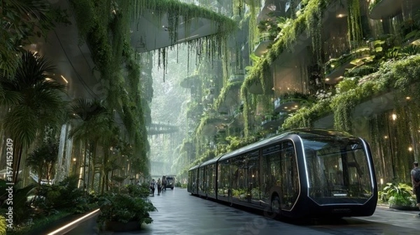 Fototapeta A futuristic, green city showcases a monorail amid lush vertical gardens and eco-friendly architecture.