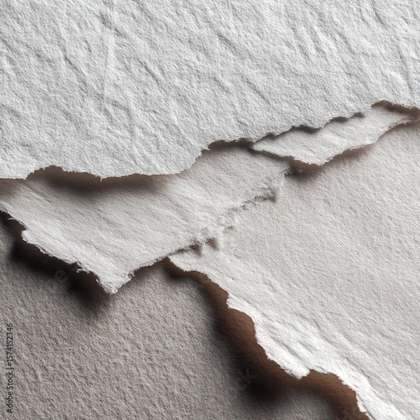 Fototapeta Textured, torn paper layers create a minimalist, abstract design with soft shadows.