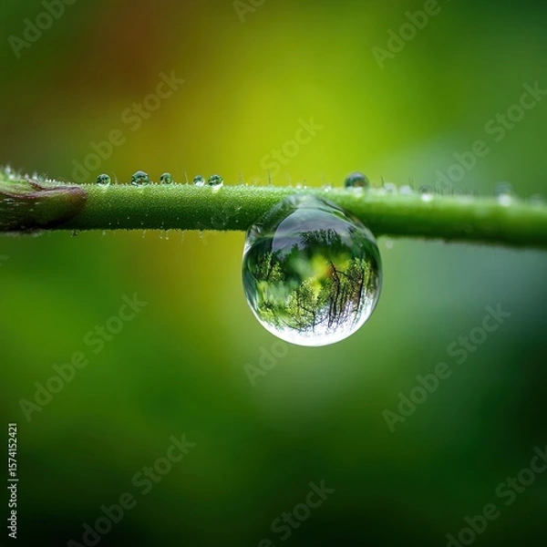Fototapeta A mesmerizing macro photograph of a water droplet with forest reflections.