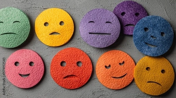 Fototapeta A collection of colorful felt circles represent various human emotions on a gray background.