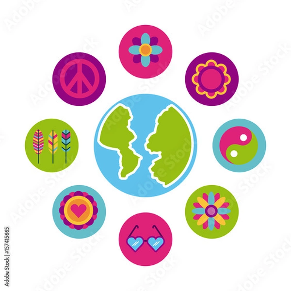 Fototapeta icons set hippie scenery world map cartoon vector illustration design graphic