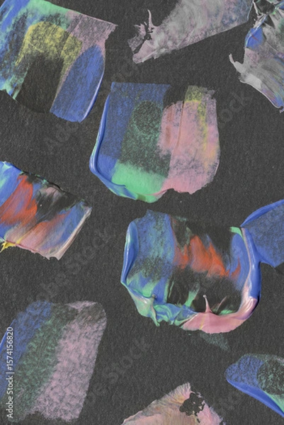 Fototapeta Colorful abstract brushstrokes on dark paper background. Vibrant acrylic or oil paint texture for modern design and creative projects.
