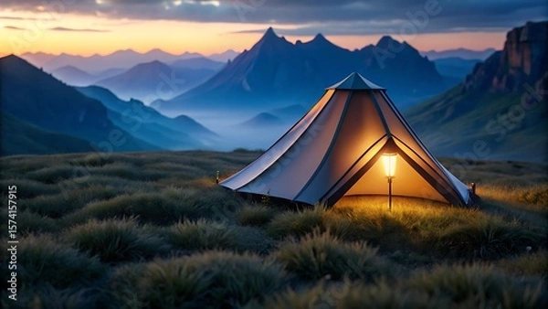 Fototapeta Serene Mountain Camping: Illuminated Tent at Sunset 3D icon high quality resolution