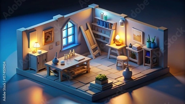 Fototapeta 3D Render: Medieval Alchemist's Workshop - Fantasy Room Interior Design, Low-Poly, Voxel Art, Game Asset,  Night Lighting, Cozy Atmosphere 3D icon high quality resolution