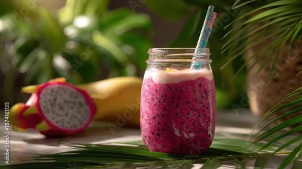 Obraz Pink Dragon Fruit Smoothie in Jar with Banana and Tropical Leaves