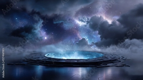 Obraz Dark Blue Night Sky with Glowing Galactic Circle and Cloud Reflections