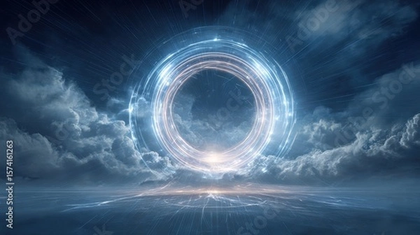 Obraz Glowing Blue Circle in Night Sky with Clouds
