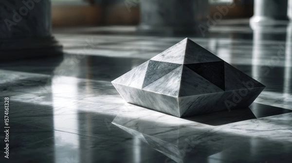 Obraz Abstract Gray Marble Pyramid Sculpture on Polished Floor