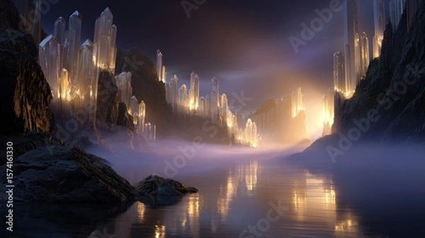 Obraz Crystal City at Dusk: A Mystical River Landscape