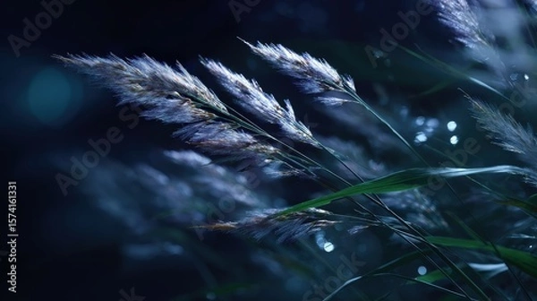 Obraz Closeup of Dewy Grass Blades at Night