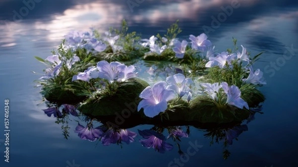 Obraz Purple Flowers on a Small Floating Island Reflected in Calm Water