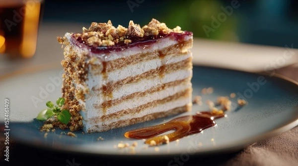 Obraz Layered Nut and Jelly Cake on a Grey Plate