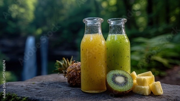 Obraz Yellow and Green Fruit Smoothies in Bottles near Waterfall