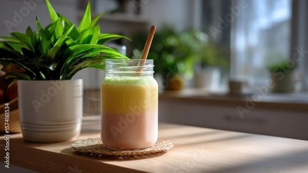 Obraz Layered Pink And Yellow Smoothie In A Mason Jar On Kitchen Counter