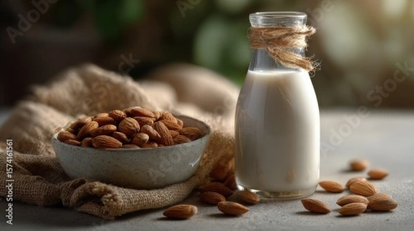 Obraz Almond Milk in Glass Bottle with Bowl of Almonds