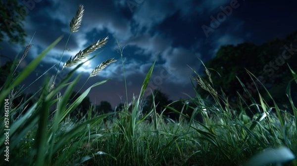 Obraz Night Field with Moonlit Grass Blades