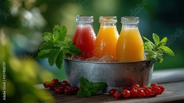 Obraz Three Colorful Fruit Juices in Bottles on Ice