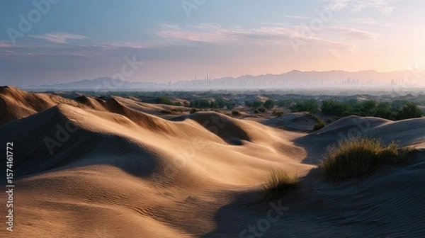 Obraz Sunrise Over Desert Sand Dunes With Distant Cityscape