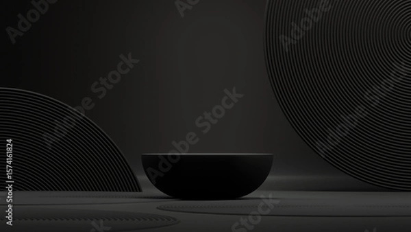 Obraz Abstract product background. Japanese style pedestal and bonsai tree black background for cosmetic, perfume, product presentation. 3D rendering, illustration