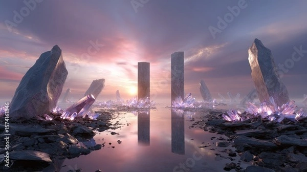 Obraz Surreal Sunset Landscape with Crystal Structures