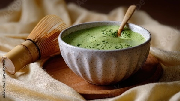 Obraz Matcha Green Tea in a Bowl with Bamboo Whisk