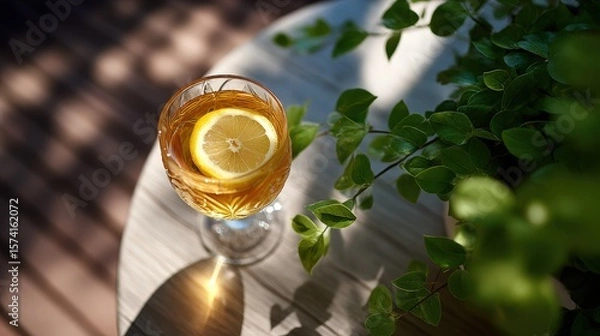 Obraz Glass of Iced Tea with Lemon on a Wooden Table Outdoors