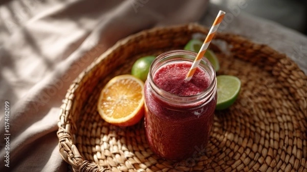 Obraz Red Berry Smoothie in Mason Jar on Wicker Tray