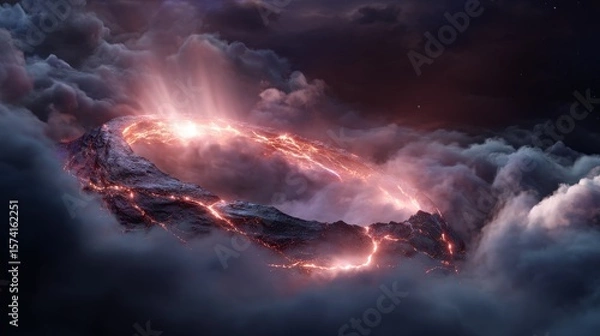 Obraz Glowing Ring of Fire Surrounding a Mountain Peak in Dark Clouds