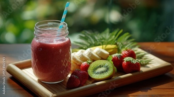 Obraz Refreshing Red Fruit Smoothie with Banana and Kiwi