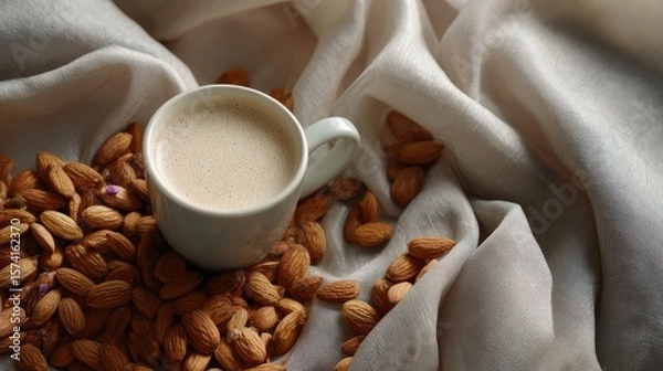 Obraz Creamy Coffee with Roasted Almonds on Soft Fabric